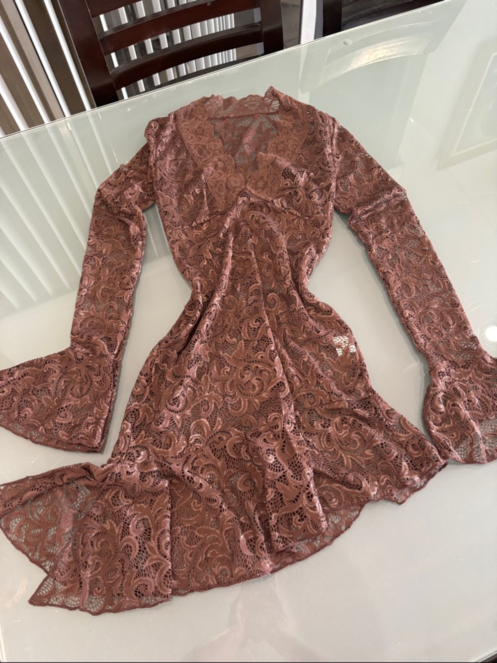 Lace Long Sleeve Mini Dress in Brown